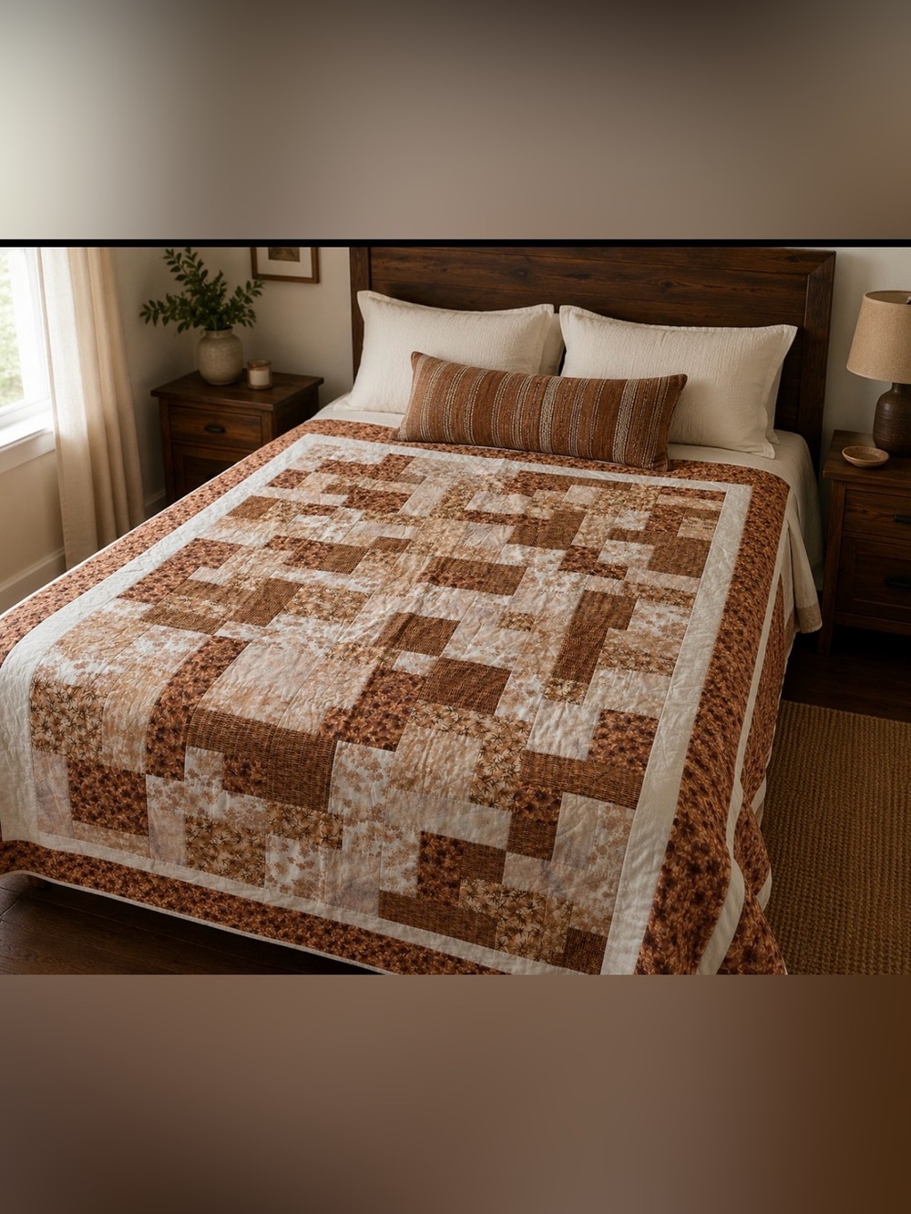 New 85”x58.5”   handmade cotton cream and Brown Patchwork Quilt